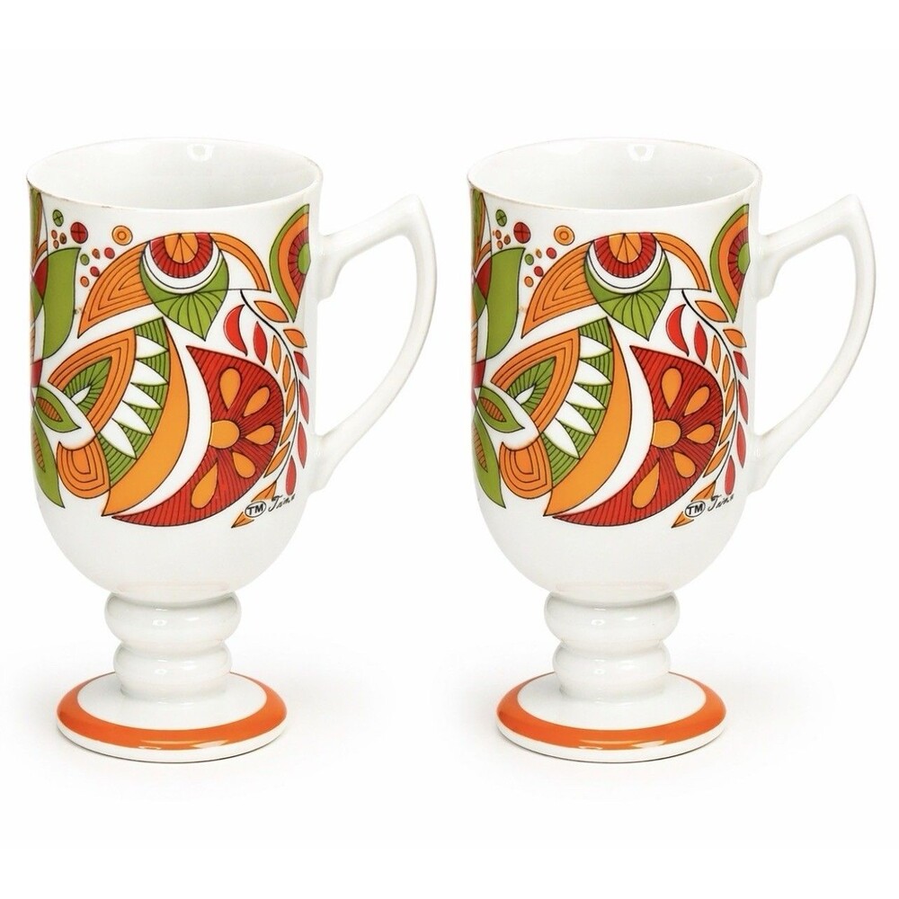 2 SET Royal Crown Arnart Tina 3803 MCM Abstract Footed Mugs Orange Green Red